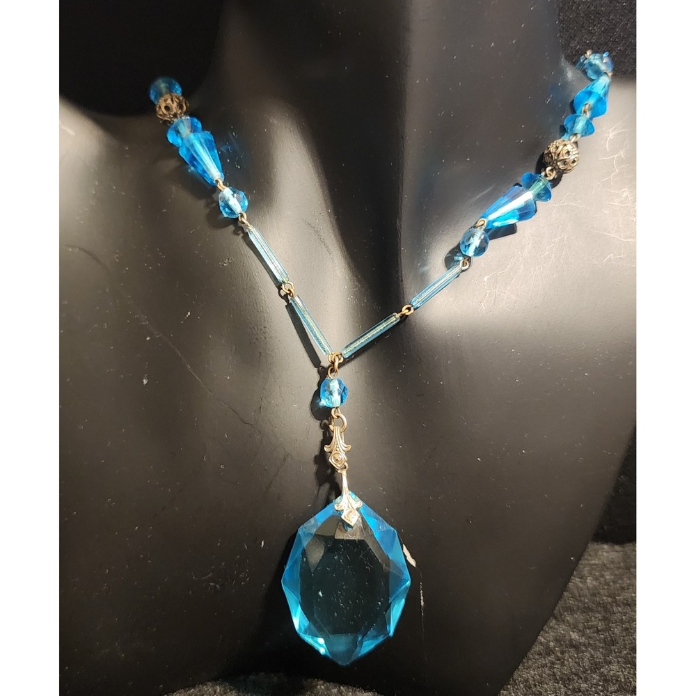 VTG Art Deco Aqua Blue Glass Bead Necklace Large Faceted Pendant 22 In READ - Picture 3 of 10